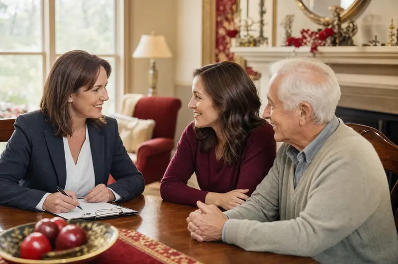 A friendly first in-home visit with an adult daughter and her father at the dining table